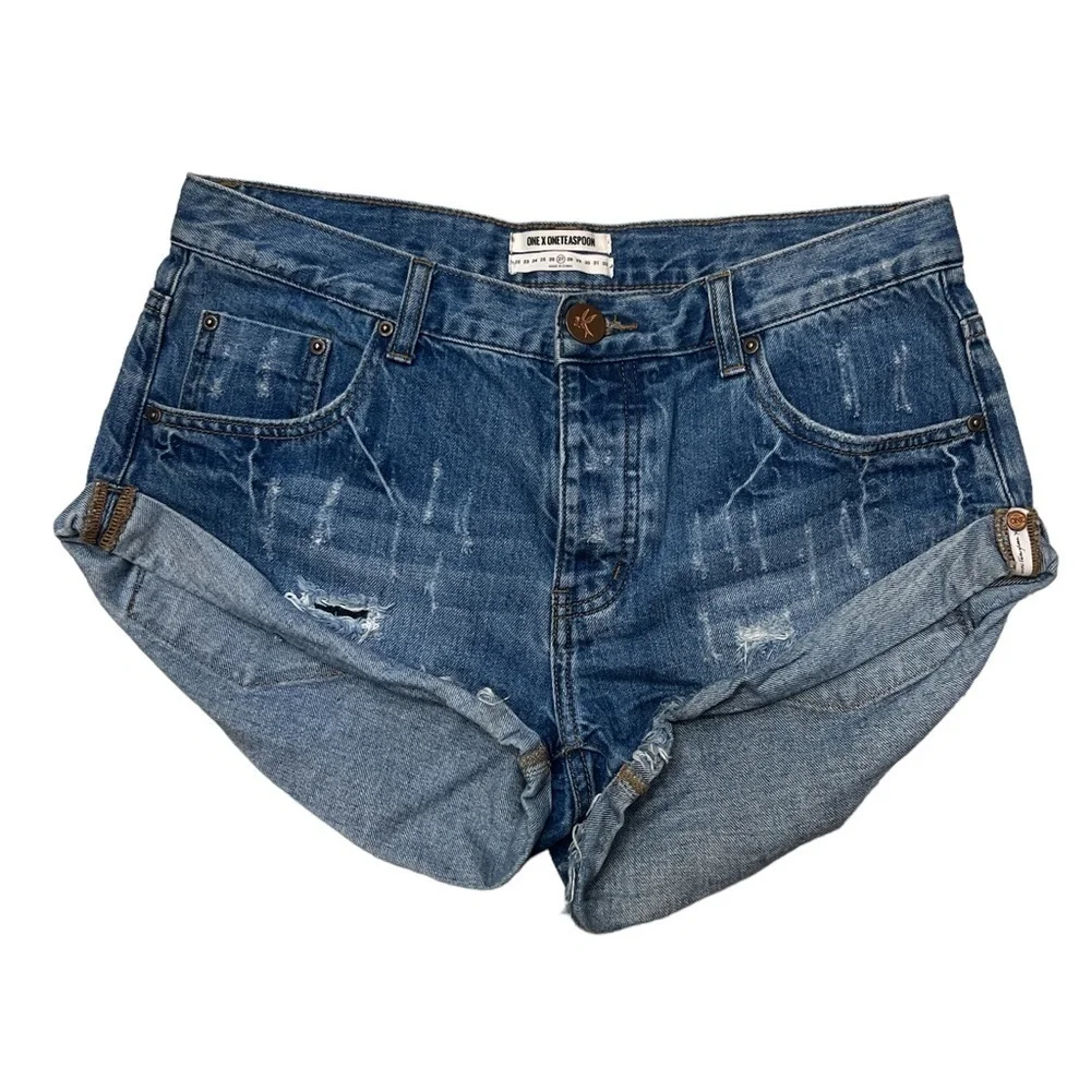 One Teaspoon Bandits Denim Shorts, Relaxed Fit Long Rise Twisted Cuff He…
